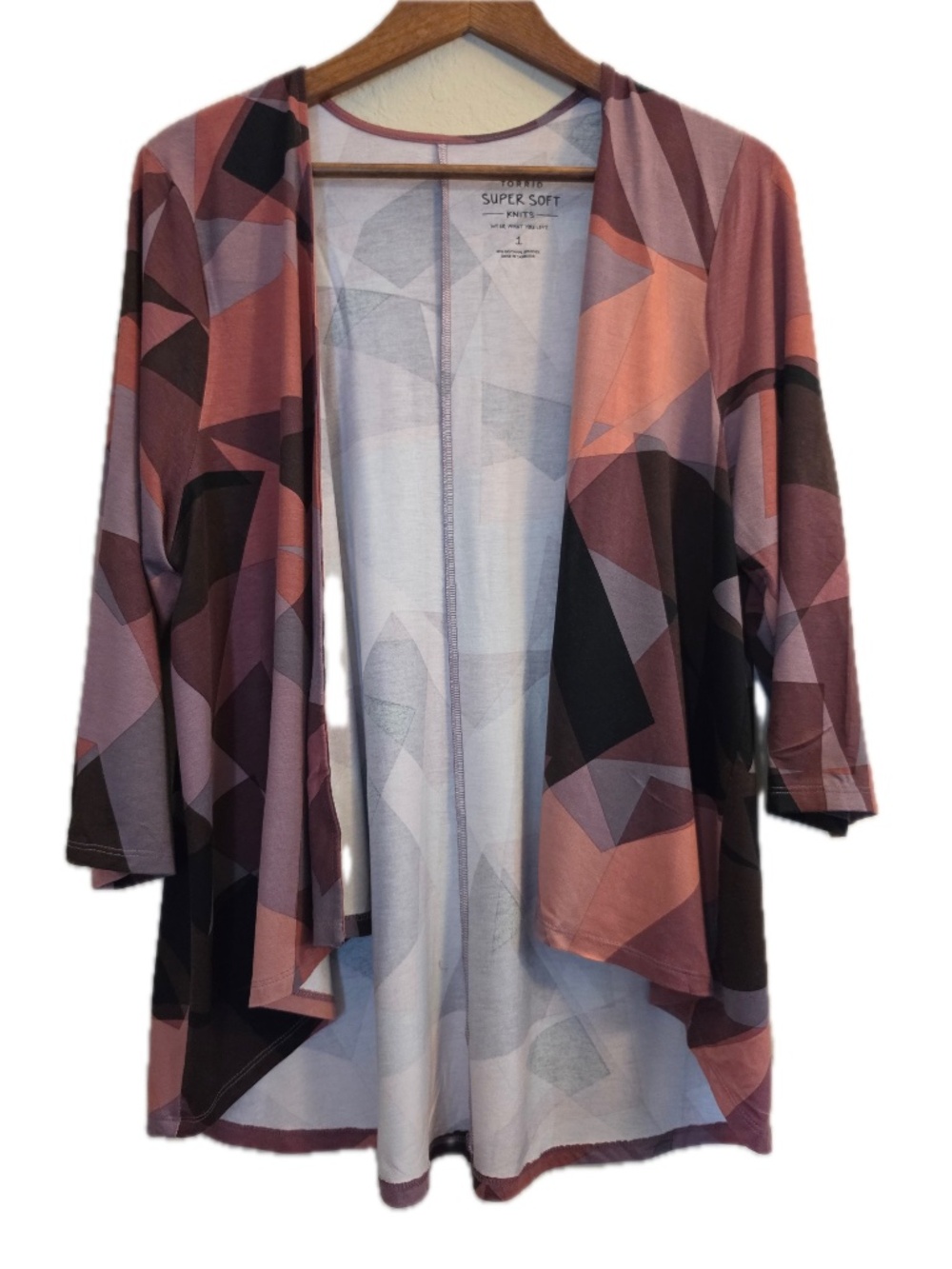 TORRID‎ Cardigan Womens 1 Pink Geometric 3/4 Sleeve Open Lightweight Stretch